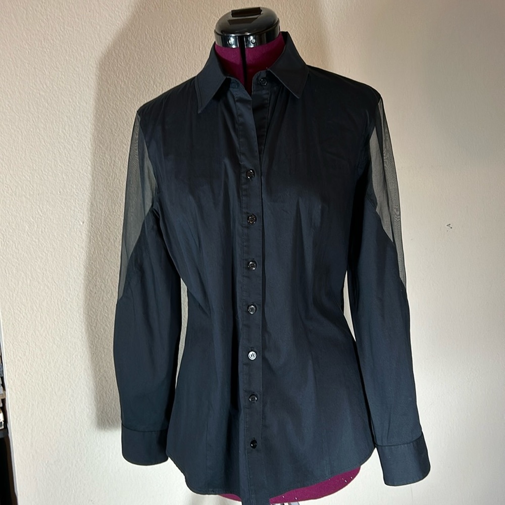 Finley Black Button Shirt with Sheer Patches on Sleeves
